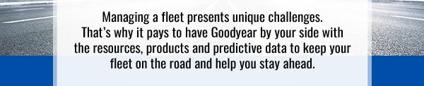 Managing a fleet presents unique challenges. That’s why it pays to have Goodyear by your side with the resources, products and predictive data to keep your fleet on the road and help you stay ahead.